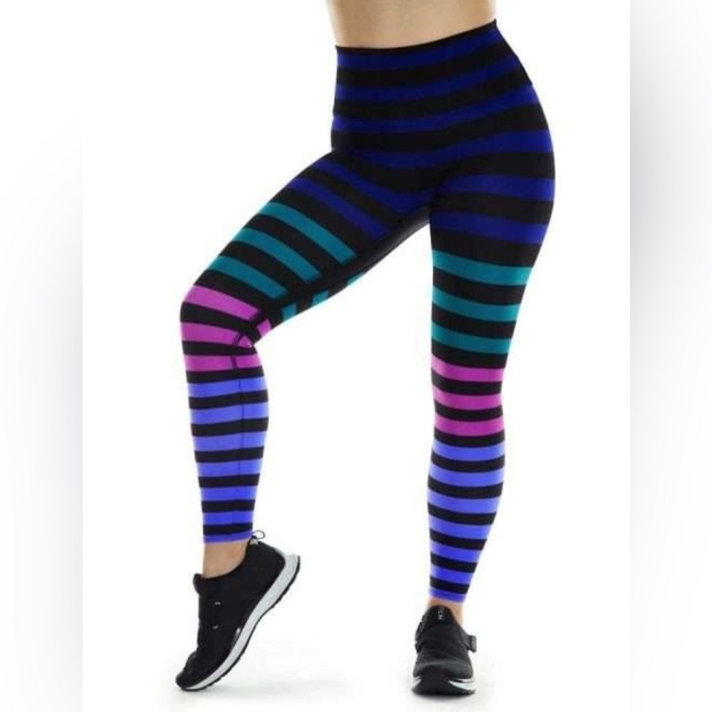 K-DEER Colorful Teal Fuschia and Purple Striped Leggings. Size-Small